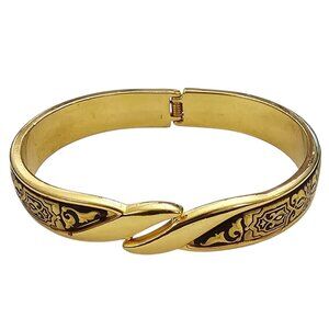 Gold Tone Vintage Hinged By Pass Damascene Cuff Bracelet